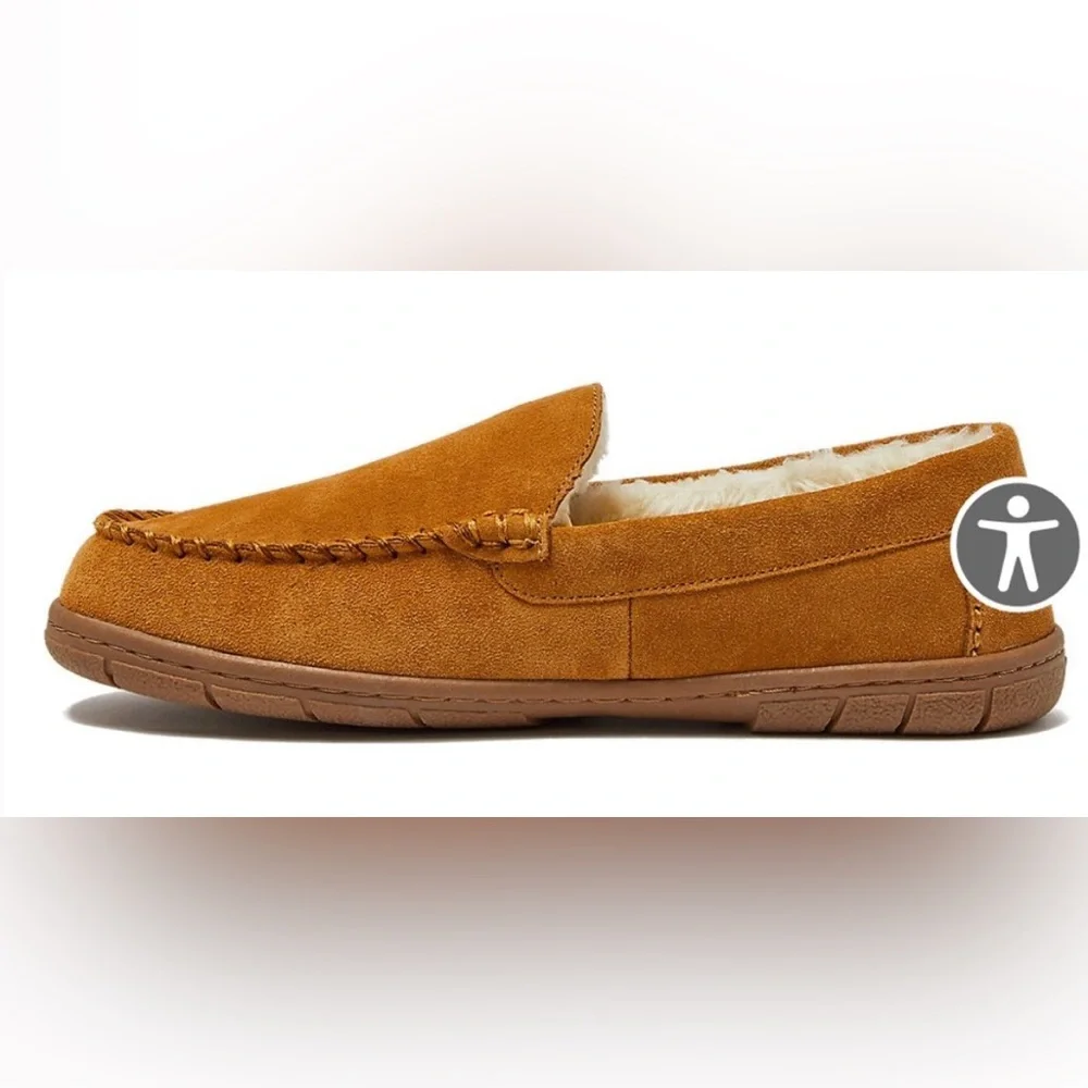 Lands' End Men's Fuzzy Lined Suede Moccasin Slippers English Tan Swede 9